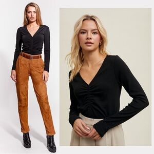 BCBGMAXAZRIA Ruched Long Sleeves Knit Sweater Top Pullover Minimalist Luxury S